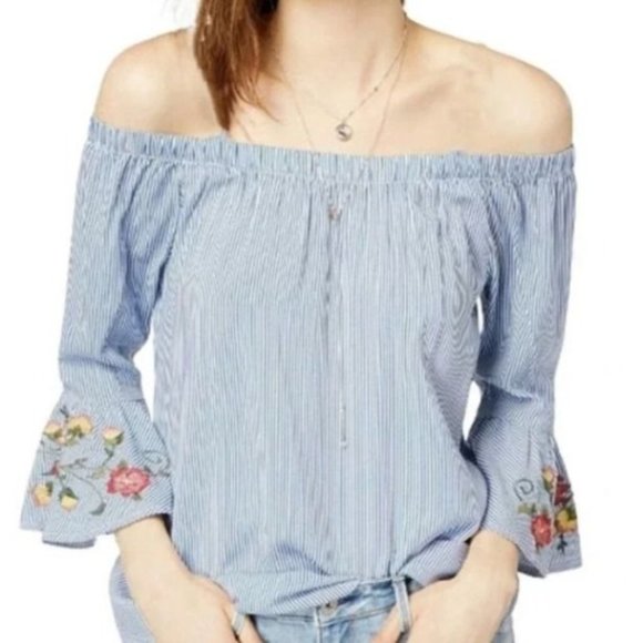 Crave Fame by Almost Famous Blue White Stripe Off the Shoulder Blouse Size L - Picture 7 of 7